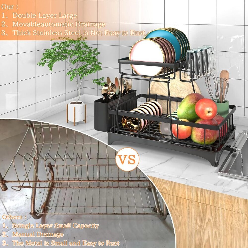 Dish Drying Rack, 2-Tier Dish Rack with Auto-Drain & Mat, Dish Racks for Kitchen - Picture 5 of 7